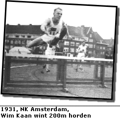 1931, NK Amsterdam. Wim Kaan wint de 200 m horden