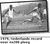 1979, Nederlands record voor de 4x200 m ploeg. Henk Macnack wisselt op Mario Westbroek